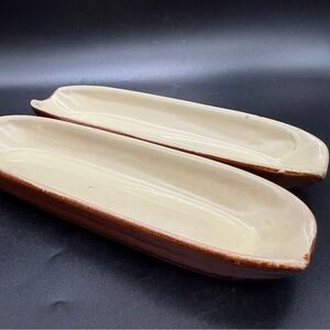 2 Vintage Corn on the Cob Stoneware Red Pottery 9" Dish Holder Tray Brown Glazed